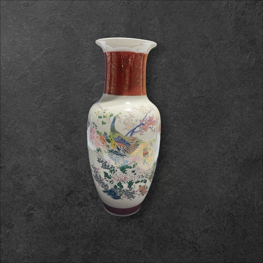 Vintage Japan Satsuma Floral Peacock 10 1/2” Vase Crackle Pattern - Picture 2 of 13